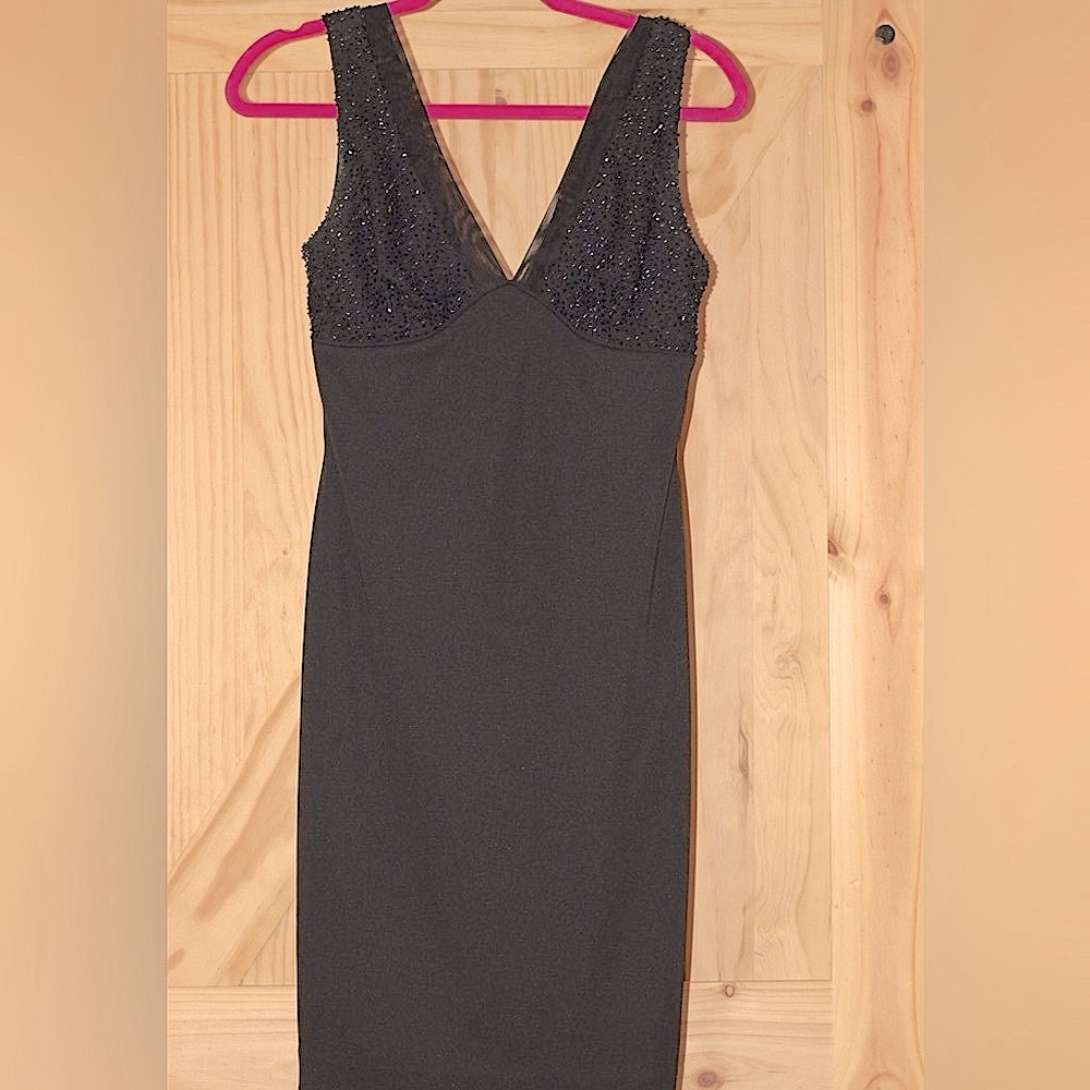 Cache Black Cocktail Dress, Beaded Top, Vintage V-Neck